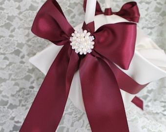 Ivory Satin Flower Girl Basket Burgundy Satin Ribbon and Pearls and Rhinestone Accent-Large Basket-CUSTOM COLORS