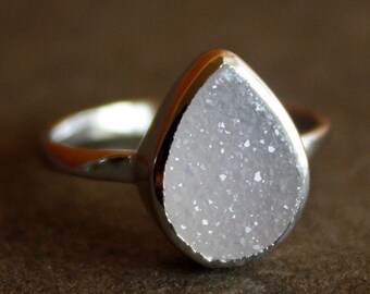 Silver White Agate Druzy Ring - Teardrop - Sterling, Stacking Ring