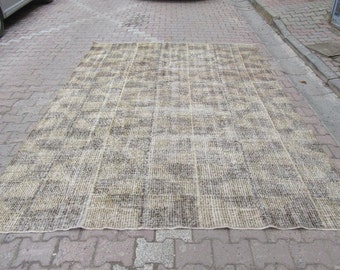 7.6x11 Ft Vintage beige and black art deco Turkish rug