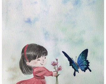 original watercolor, painting of a little girl with a butterfly