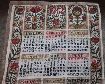 Vintage Linen Tea Towel, 1962 Calendar, Folk Art Design, Designed by Lois Long