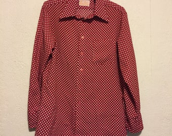Vintage 1970s Red & White Polka Dot Polyester Shirt ~ M