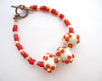 Girl's Bracelet, Orange Lampwork Beads, Flower Lampwork Bracelet, White and Orange