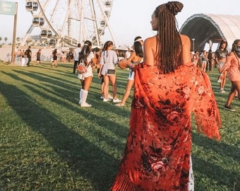 Kimono Robe For Honeymoon - Boho Velvet Kimono - Bohemian Festival Kimono - Floral Silk Kimono Robe - Fringe Kimono Duster - Silk Kimono