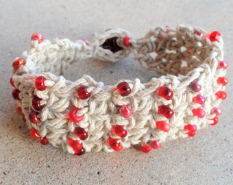 Handmade Crocheted Hemp Bracelet with Red Beads By Distinctly Daisy