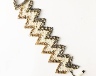 White, gold, grey shaded bracelet hand beaded Miyuki Delicas