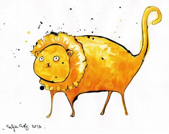 8x12 Ink painting on canvas roll A4 - a proud lion kittycat