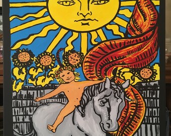 Hand Painted Tarot Card on Canvas, The Sun