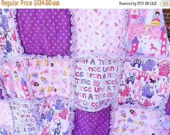 On Sale Rag Quilt for a Princess - Pink Purple - Girl Rag Quilt - Crowns Castles - Princess Quilt