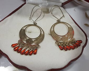 Fabulous Filigree Red and Gold Tone Drop Earrings