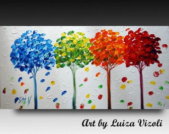 HUGE 72 x 36 Painting on Canvas SEASONS Large Abstract Red Blue Green Orange White Trees Artworb by Luiza Vizoli Other Sizes available