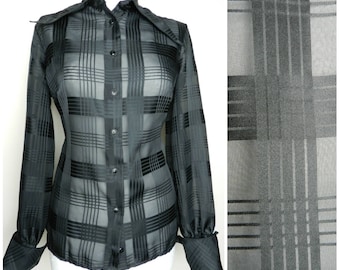 Sale 70s semi sheer black polyester plaid blouse disco shirt Massive dagger collar balloon sleeves U.K. 12 - 14 M