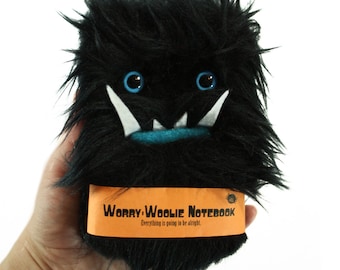 Childrens furry Notebook, Worry Woolie, black blue magical monster journal