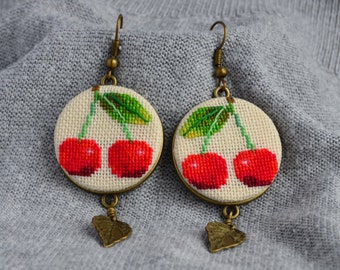 Gardening gift Red cherry earrings Cross stitch jewelry Embroidered earrings Red jewelry Hand embroidery Birthday gift Leaf charm