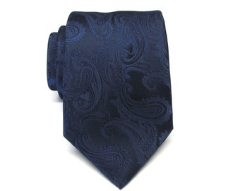 Mens Ties Navy Blue Paisley Mens Wedding Neckties. Groomsmen Ties Silk Necktie with Matching Pocket Square Option
