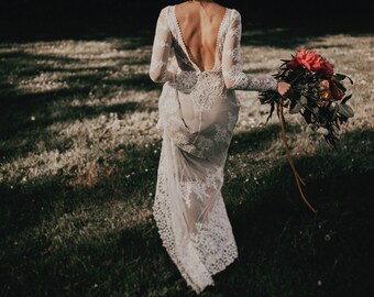 Lisa Lace Bohemian Wedding Dress | Cotton Lace with OPEN BACK and SILK liner | Handmade | Long Sleeve Boho Beach Wedding Dress