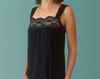 Daydream Organic Cotton Nightgown with Lace Trim in Black. Elegant Sleepwear made in Australia.