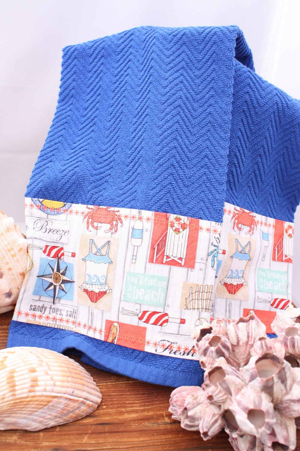 Blue Embellished Hand Towels Beach Life Set of 2