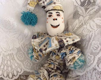 Vintage 1930s 1940s Clown Sock Yo Yo Quilt Sock Doll Fun Fabric Print Yarn Pom Poms Hand Home Made