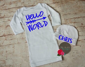 Hello World Newborn Outfit with Hat , Personalized Bodysuit, Baby Shower Gift, Take Home Outfit, Hello World, baby girl , baby boy