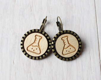 Flask, Flask Earrings, Chemical Earrings, Women Wood Earrings, Wood Earrings, Wooden Earrings, Chemistry, Chemistry Earrings, Gift for Her