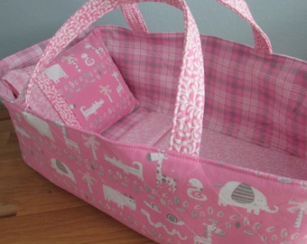 Doll Carrier, Will Fit Bitty Baby and Stella Dolls, Pink Animals, Pink Lining, 16 Inches Long, Doll Basket