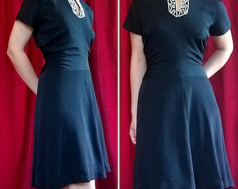 Early 40s Black Rayon Side Ruching Beaded 1940s Dress