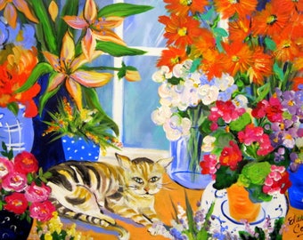Flower Shop Cat Original Painting canvas art 24 x 36 Large painting by Elaine Cory