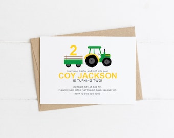 birthday invitation, green yellow tractor, diy editable pdf, printable, instant download