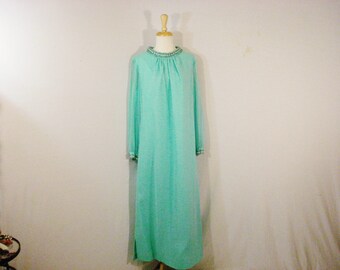 Vintage 1960s Dress Aqua Chiffon Long Beaded Neckline and Cuffs Maxi Dress XL