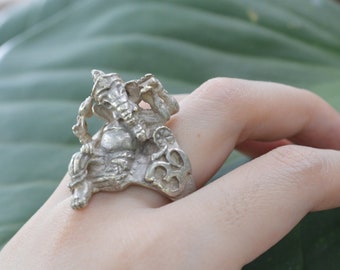 Vintage Silver-coated Brass Elephant ring / Ganesha ring