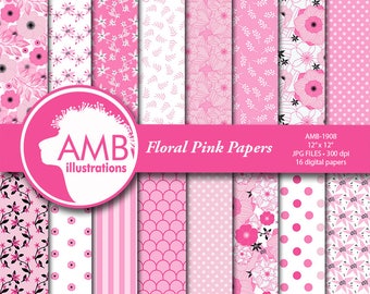 Floral Digital Papers, Pink floral papers, shabby chic floral, wedding paper, floral pattern, scrapbook paper, commercial use, AMB-1908