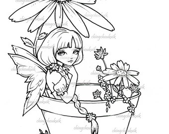 Garden Daisy Fairy- Digital Digi Stamp Instant Download / Cute Fantasy Art by Ching-Chou Kuik