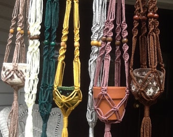 Small Macrame Plant Hangers, 4 mm Polyolefin cord, colorful choices of green, yellow, brown, gray, red, white, blue, purple, off white.ms4AB
