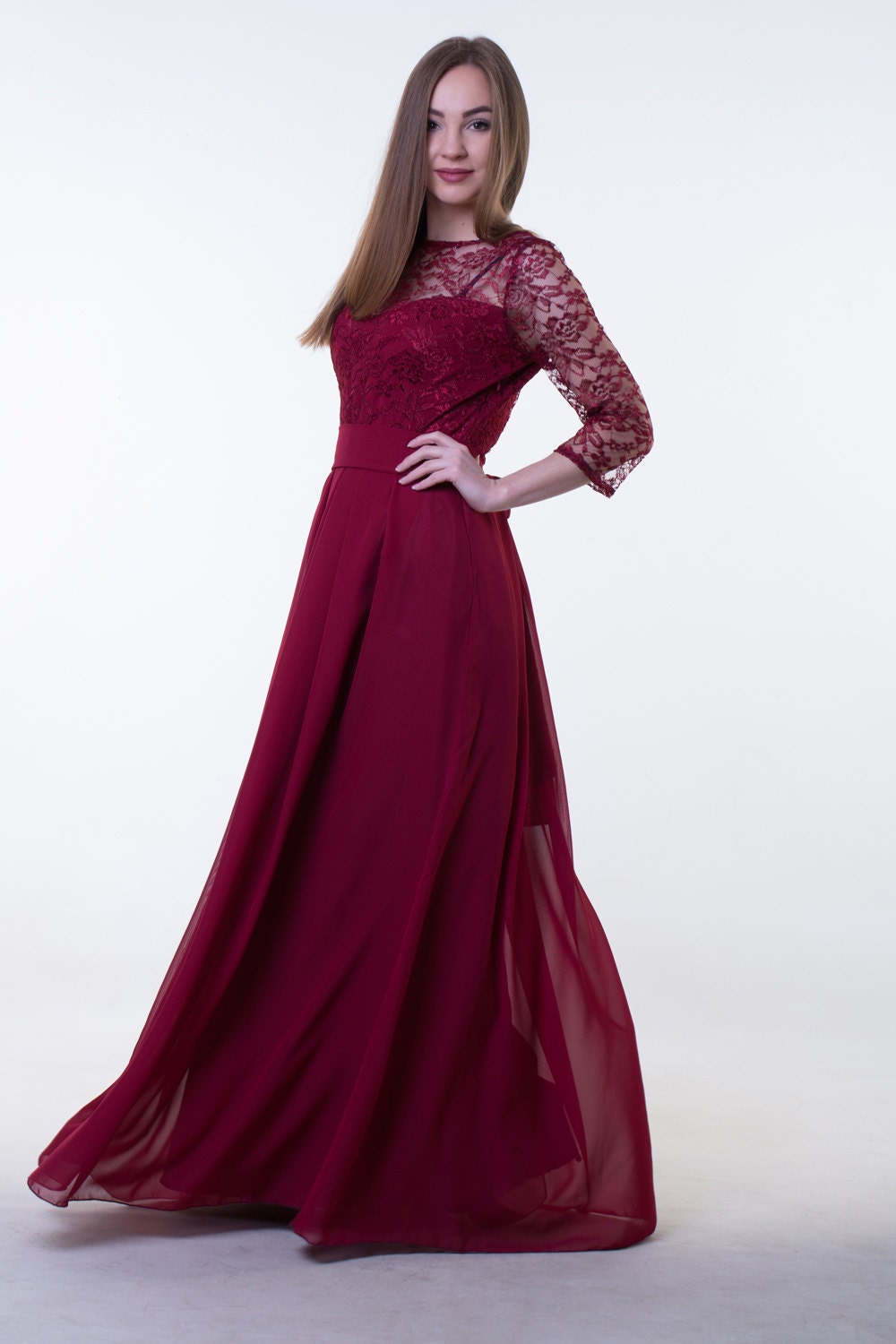 Long Red Wine Bridesmaid Dress With Sleeves Burgundy Red 8565