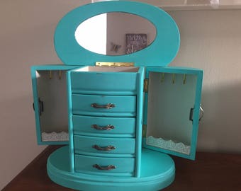 Large Jewelry armoire, jewelry box. solid, wood, tons of storage turquoise upcycled