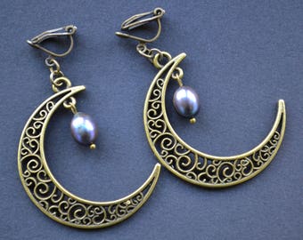 Crescent moon earrings, pearl earrings, gothic earrings, filigree pendant earrings, clip on earrings, no pierced earrings