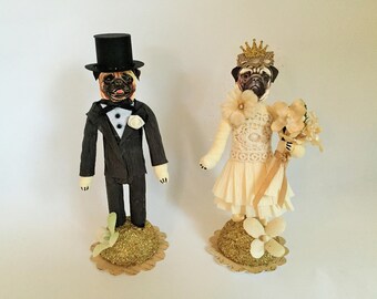 Pug BRIDE & GROOM spun cotton WEDDING cake toppers vintage style spun cotton 5" figures / wedding keepsakes