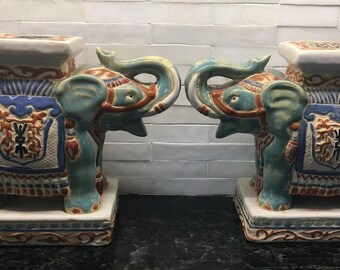 Vintage Pair of Chinoiserie Asian Ceramic Elephant Garden Stool Bookends