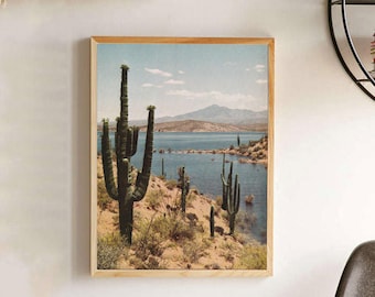 Vintage Arizona Saguaro Lake Photograph Poster - Arizona Saguaro Cactus Photo Wallart - Desert Adventure Blue Skies Wall Art Print