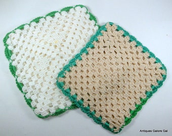 Vintage Crochet Pot Holders, Hot Pads, Beige, Green Trim, Retro Kitchen Decor (724-12)