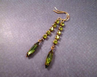 Brass Gold Dangle Earrings, Vintage Rhinestone Earrings, Olive Green Glass Drop Earrings, FREE Shipping U.S.