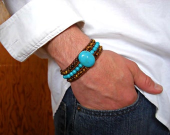 Howlite Turquoise, Tiger Eye 3 Rows Brown Leather Beaded Cuff Men's Bracelet, Men's Jewelry,Men's gift, Gift for him
