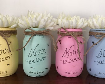 READY TO SHIP!!-Set of 4 Pint Mason Jars-Easter Jars-Spring Jars-Pastel Colored Jars-Rustic Jars-Hand Painted & Distressed Jars-Jar Vases