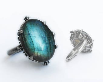 Labradorite Ring silver Labradorite engagement ring gemstone ring blue stone ring Adjustable solitaire ring gift for her