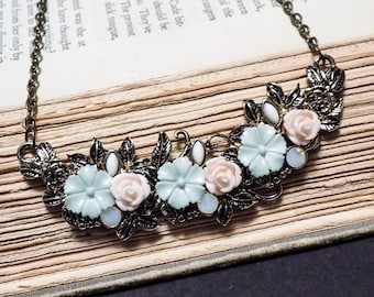 Pink and Blue Floral Bib Necklace