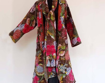 Women's coat in cotton gaudri Brown exotic round collar and matching scarf
