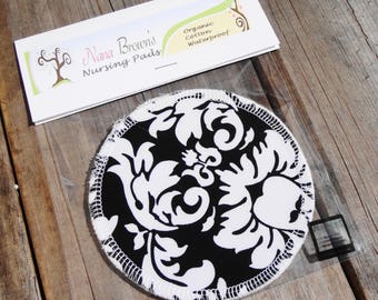 Reusable Nursing Pads, Waterproof Organic Cotton Flannel - Black & White Damask