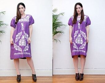 Vintage 70s Floral Cotton Mexican Dress Embroidered Oaxaca Maxi Dress Sz S M