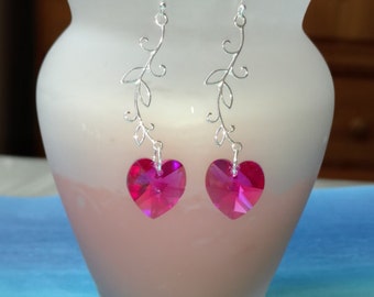 Crystal Heart Earrings, Magenta Heart Crystal Earrings